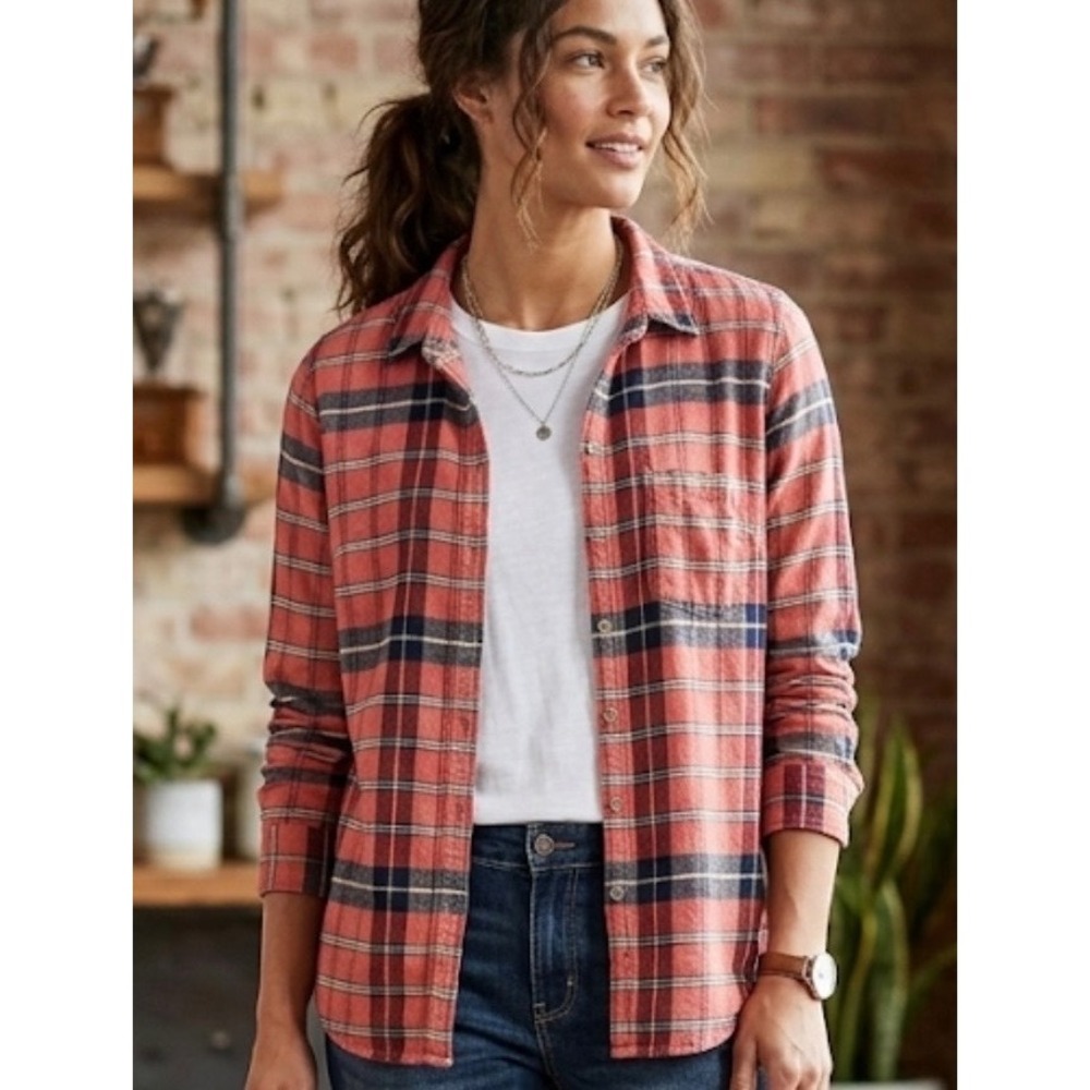 Lucky Brand Womens Plaid Flannel Button Down Shirt Coral Navy‎ Blue Small